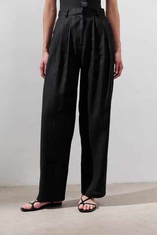 Pleated Wide-Leg Linen Trousers Black
