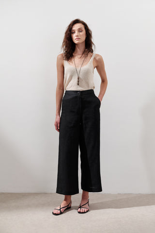 Wide-Leg Linen Trousers Black