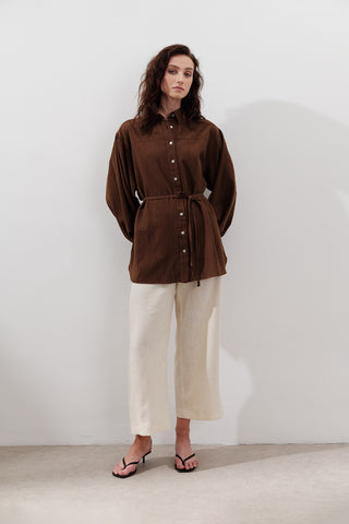 Cotton Balloon Sleeve Shirt Brown