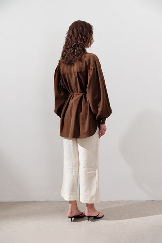 Cotton Balloon Sleeve Shirt Brown