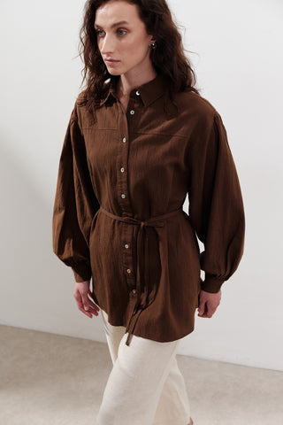 Cotton Balloon Sleeve Shirt Brown