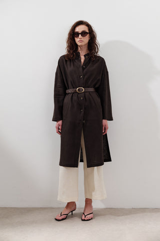 Linen Belted Long Tunic Dark Brown