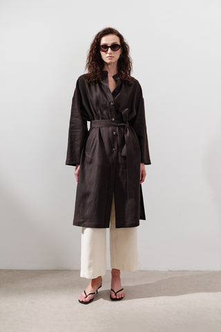 Linen Belted Long Tunic Dark Brown
