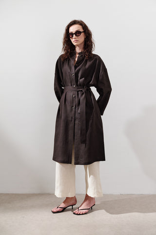 Linen Belted Long Tunic Dark Brown