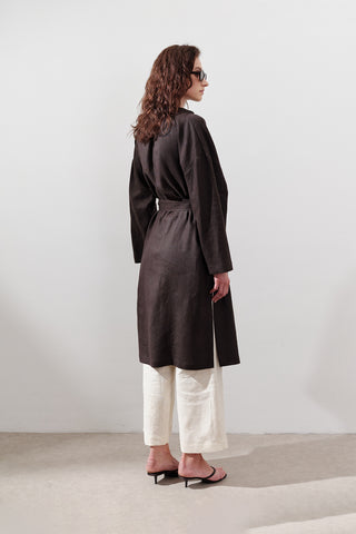 Linen Belted Long Tunic Dark Brown
