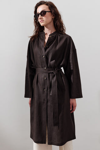 Linen Belted Long Tunic Dark Brown