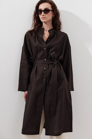 Linen Belted Long Tunic Dark Brown