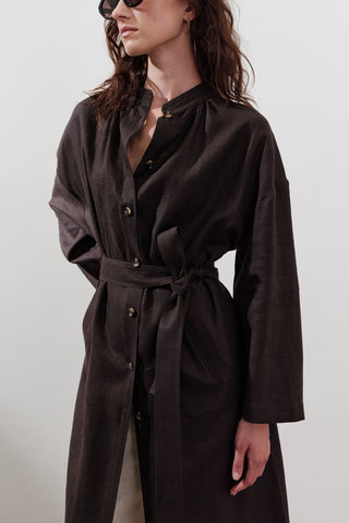 Linen Belted Long Tunic Dark Brown