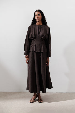 Crossover Tie Linen Blouse Dark Brown