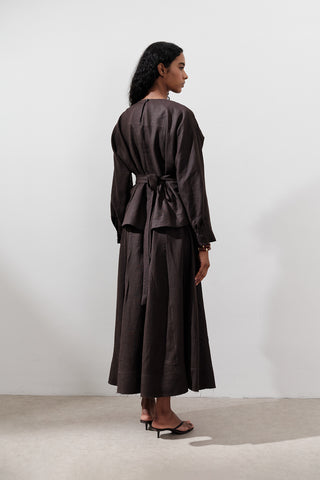Crossover Tie Linen Blouse Dark Brown