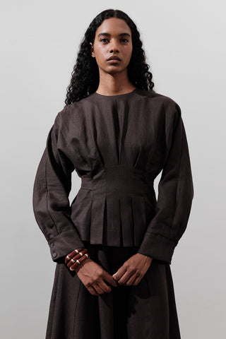 Crossover Tie Linen Blouse Dark Brown