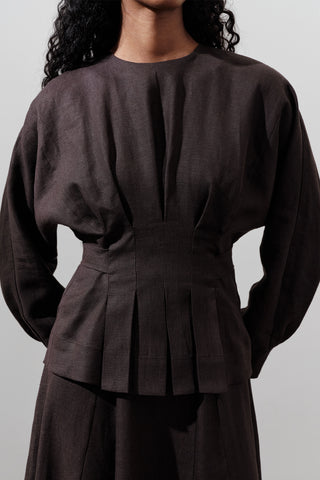 Crossover Tie Linen Blouse Dark Brown