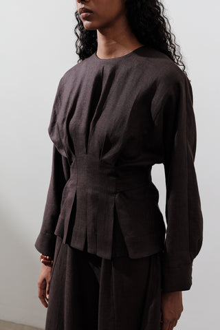 Crossover Tie Linen Blouse Dark Brown