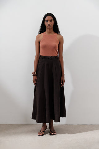 Linen Panel Skirt Dark Brown
