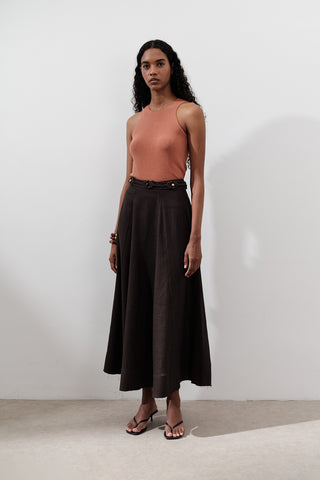 Linen Panel Skirt Dark Brown