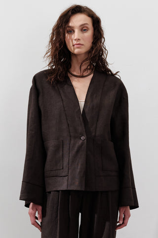 Single-Button Linen Blouse Dark Brown