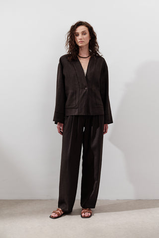 Single-Button Linen Blouse Dark Brown