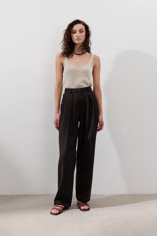 Pleated Wide-Leg Linen Trousers Dark Brown
