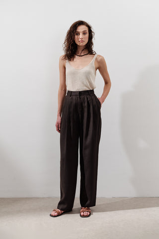 Pleated Wide-Leg Linen Trousers Dark Brown