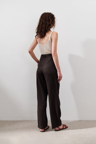 Pleated Wide-Leg Linen Trousers Dark Brown