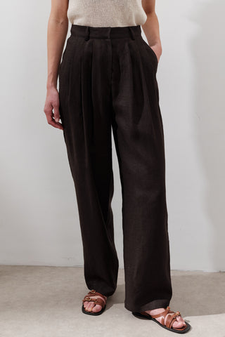 Pleated Wide-Leg Linen Trousers Dark Brown