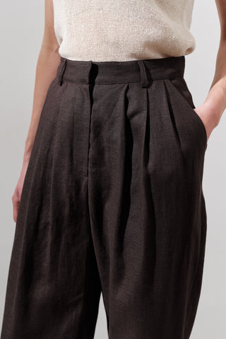 Pleated Wide-Leg Linen Trousers Dark Brown