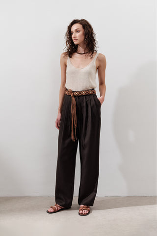 Pleated Wide-Leg Linen Trousers Dark Brown