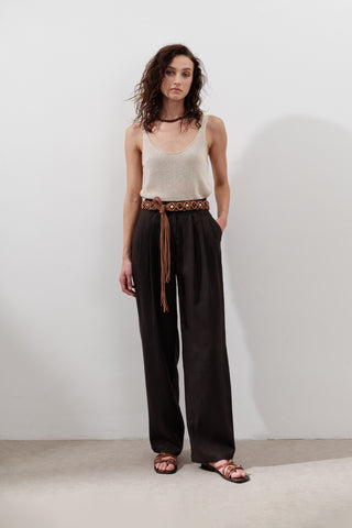 Pleated Wide-Leg Linen Trousers Dark Brown