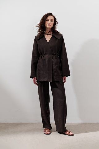 Wide-Collar Linen Jacket Dark Brown