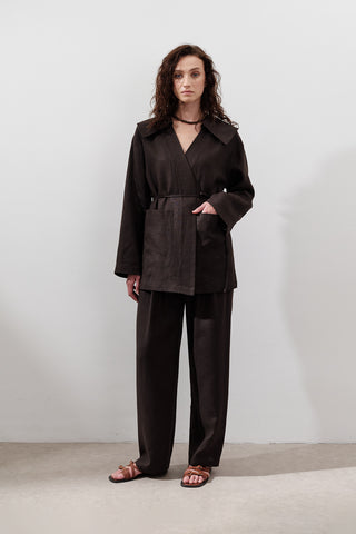 Wide-Collar Linen Jacket Dark Brown
