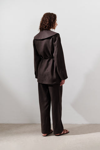 Wide-Collar Linen Jacket Dark Brown