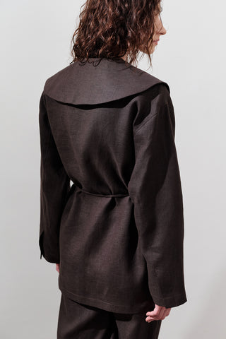 Wide-Collar Linen Jacket Dark Brown