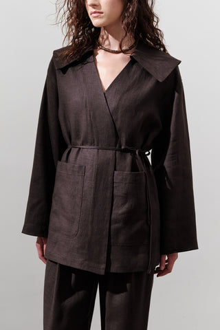Wide-Collar Linen Jacket Dark Brown