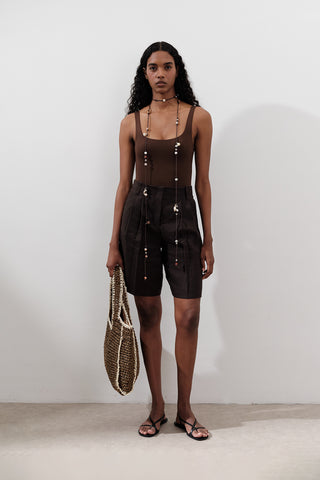 Linen Pleated Bermuda Shorts Dark Brown