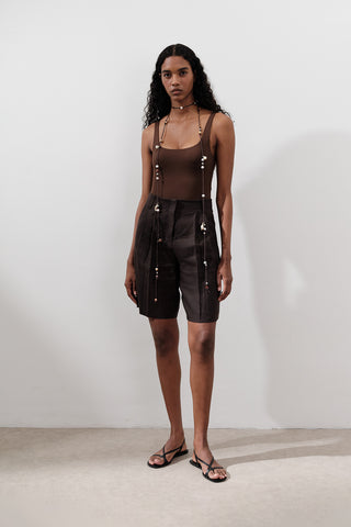 Linen Pleated Bermuda Shorts Dark Brown