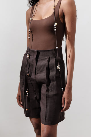 Linen Pleated Bermuda Shorts Dark Brown