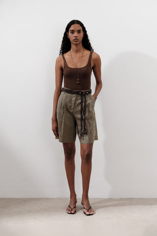Linen Pleated Bermuda Shorts Khaki
