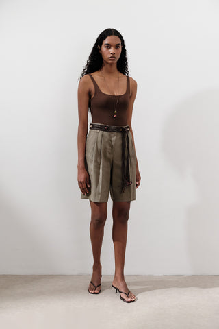 Linen Pleated Bermuda Shorts Khaki