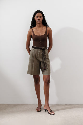 Linen Pleated Bermuda Shorts Khaki