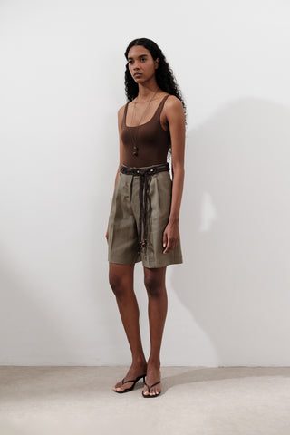 Linen Pleated Bermuda Shorts Khaki