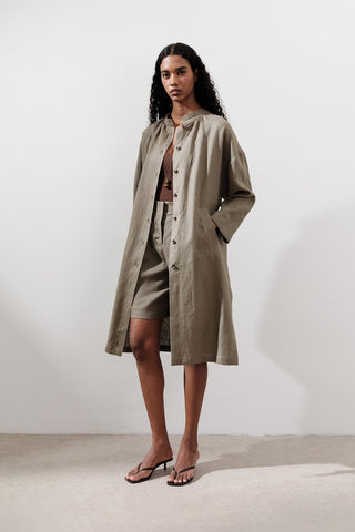 Linen Belted Long Tunic Khaki