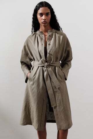 Linen Belted Long Tunic Khaki