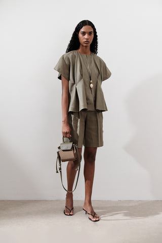 Pleated Linen Vest Khaki