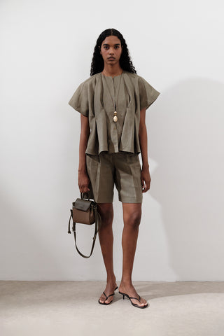Pleated Linen Vest Khaki