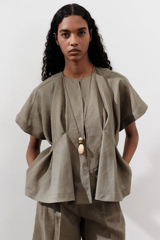 Pleated Linen Vest Khaki