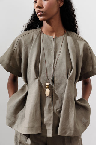 Pleated Linen Vest Khaki