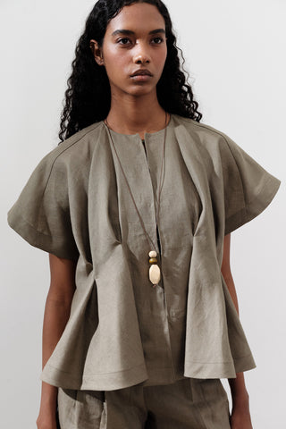 Pleated Linen Vest Khaki