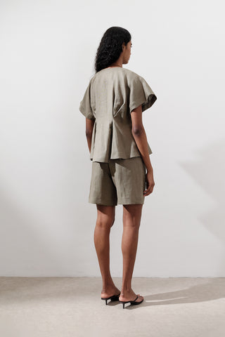 Pleated Linen Vest Khaki