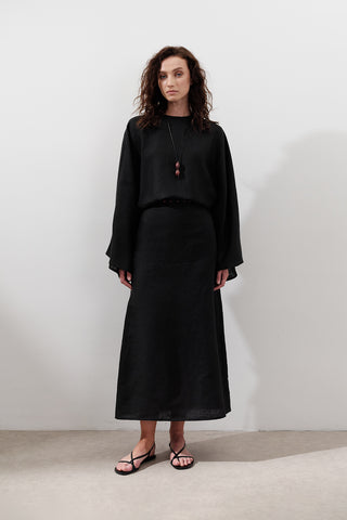 Tie-Waist Linen Dress Black