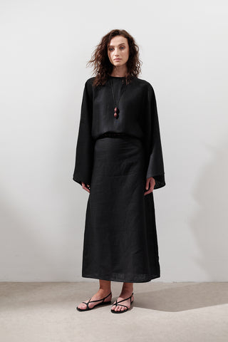 Tie-Waist Linen Dress Black